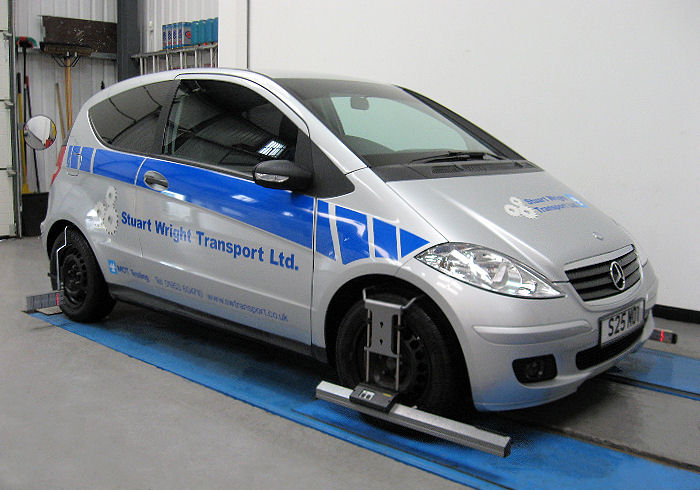 Wheel aligning equipment at Stuart Wright Transport